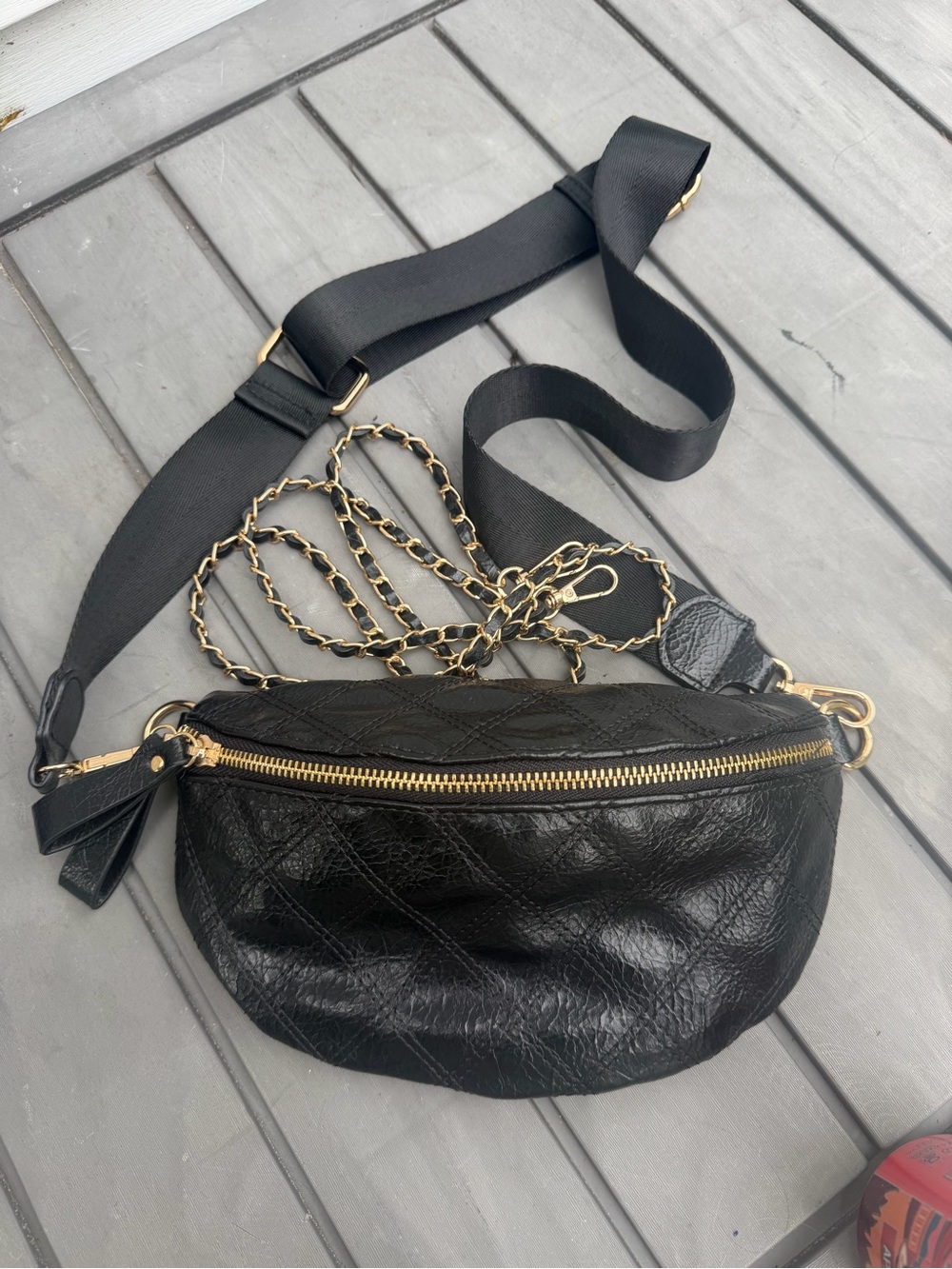 VICI Black Quilted Leather Crossbody Belt Bag with Gold Chain